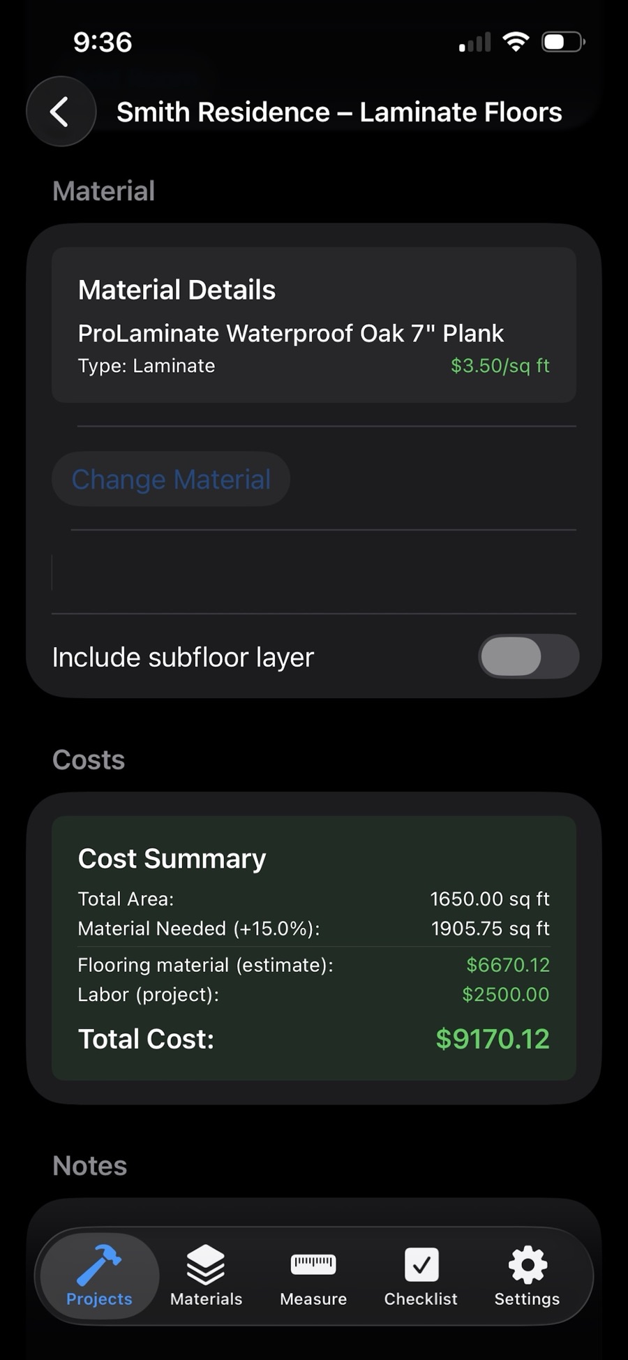 Floor Measure & Quote cost summary for Smith Residence laminate floors: total area 1650 sq ft, material needed 1905.75 sq ft with 15% waste, flooring material $6,670.12, labor $2,500.00, total cost $9,170.12